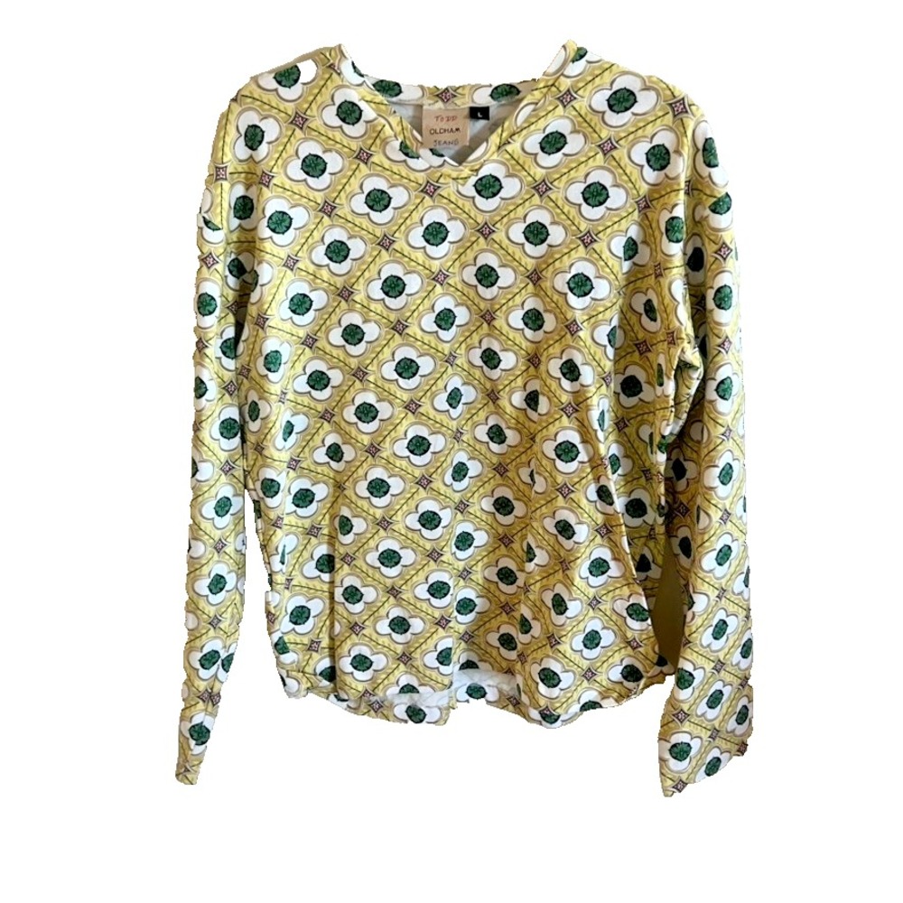 TODD OLDHAM Patchwork Print Top Pullover Long Sleeve Crew Neck Multicolor Size L